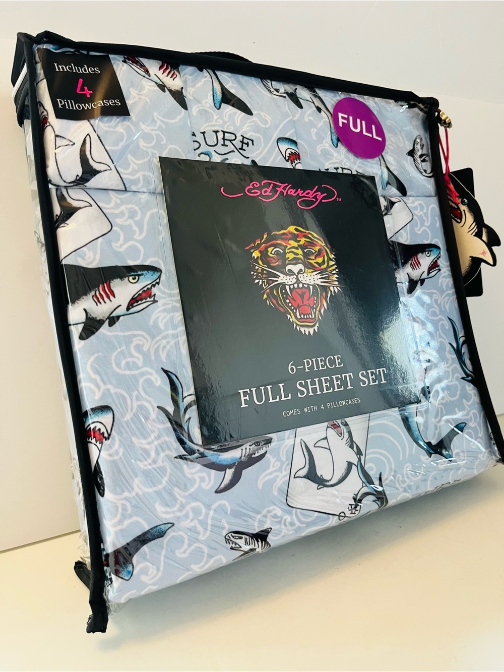Ed Hardy 6 Piece Full Size Sheet Set Sharks Ace of Spades Surf Blue Black White